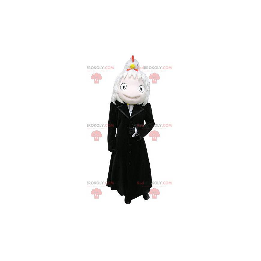 Mascote do boneco de neve sorridente com um longo casaco preto