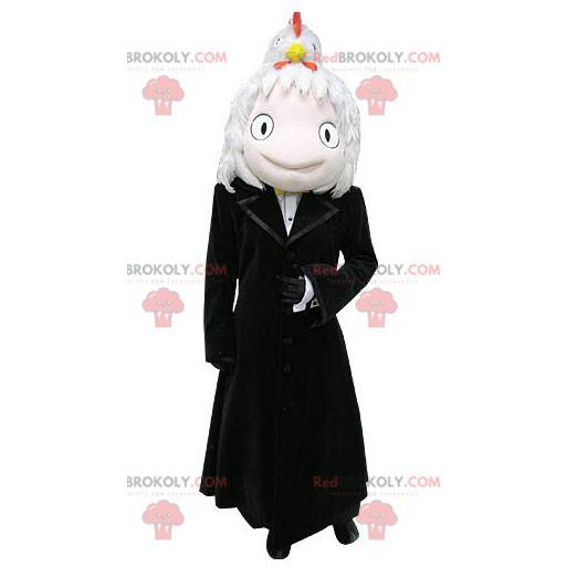 Mascote do boneco de neve sorridente com um longo casaco preto