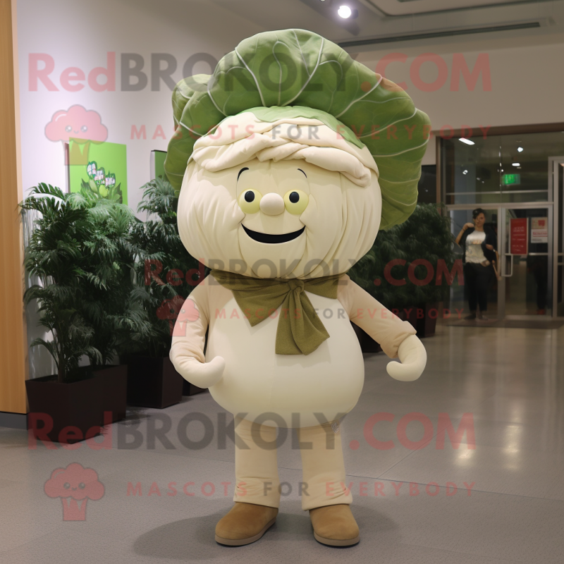 Beige Cabbage mascot costume character dressed with a Mom Jeans and Tie pins Beige Cabbage mascot costume character dressed with a Mom Jeans and Tie pins