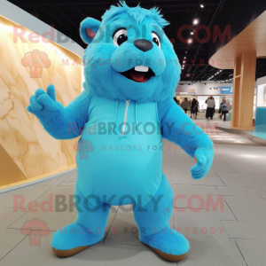Sky Blue Beaver mascot costume character dressed with a Bodysuit and Shoe laces