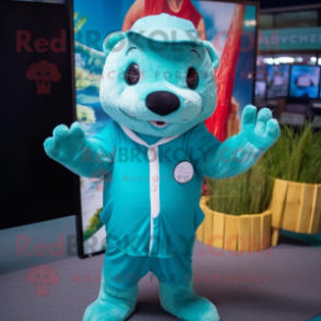 Teal Otter mascot costume character dressed with a Jumpsuit and Headbands