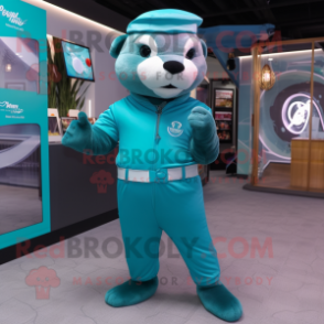 Teal Otter mascot costume character dressed with a Jumpsuit and Headbands