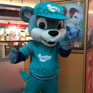 Teal Otter mascot costume character dressed with a Jumpsuit and Headbands