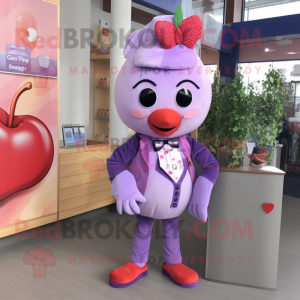 Lavender Cherry mascot costume character dressed with a Vest and Bow ties