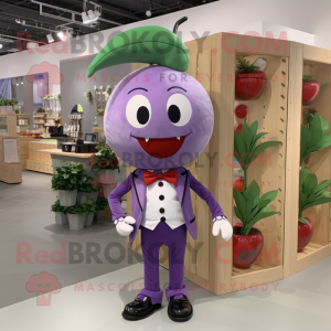 Lavender Cherry mascot costume character dressed with a Vest and Bow ties