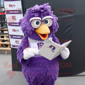 Purple Fried Chicken mascot costume character dressed with a T-Shirt and Reading glasses