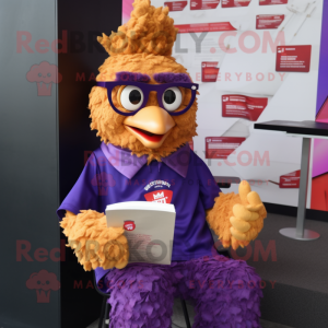 Purple Fried Chicken mascot costume character dressed with a T-Shirt and Reading glasses