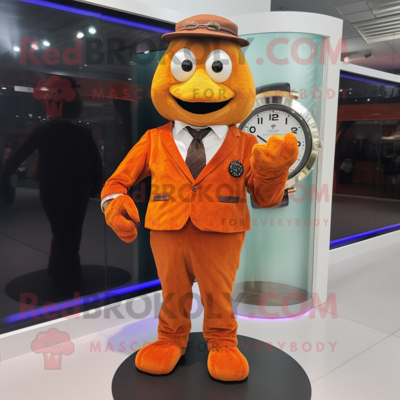 Rust Wrist Watch mascot costume character dressed with a Suit Pants and Clutch bags