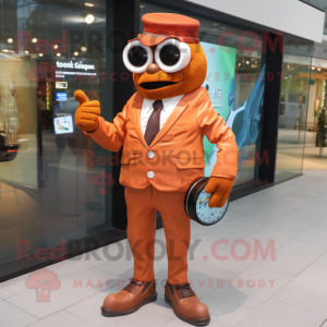 Rust Wrist Watch mascot costume character dressed with a Suit Pants and Clutch bags