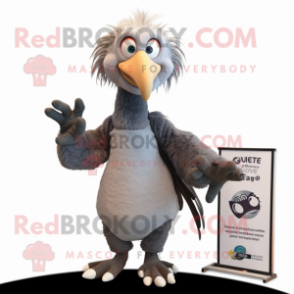 Gray Vulture mascot costume character dressed with a Graphic Tee and Hairpins