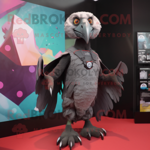 Gray Vulture mascot costume character dressed with a Graphic Tee and Hairpins