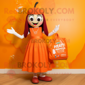 Orange Tikka Masala mascot costume character dressed with a Cocktail Dress and Tote bags