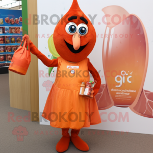 Orange Tikka Masala mascot costume character dressed with a Cocktail Dress and Tote bags