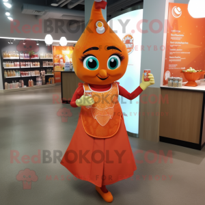 Orange Tikka Masala mascot costume character dressed with a Cocktail Dress and Tote bags