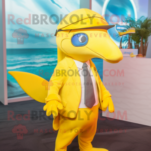 Yellow Dolphin mascot costume character dressed with a Suit and Keychains