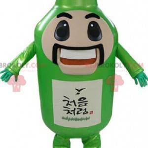 Garrafa de mascote verde gigante com bigode e sorriso -