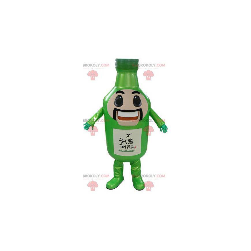 Mascot botella verde gigante con bigote y sonriendo -