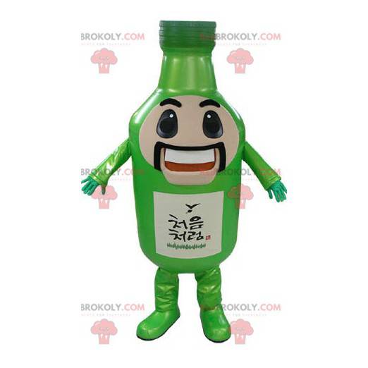 Mascotte gigante bottiglia verde con baffi e sorridente -