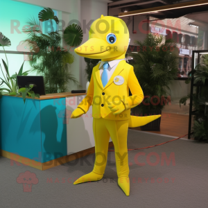 Yellow Dolphin mascot costume character dressed with a Suit and Keychains