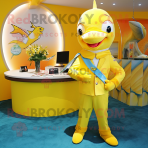 Yellow Dolphin mascot costume character dressed with a Suit and Keychains