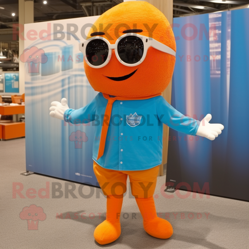 Sky Blue Orange mascot costume character dressed with a Henley Shirt and Sunglasses Sky Blue Orange mascot costume character dressed with a Henley Shirt and Sunglasses