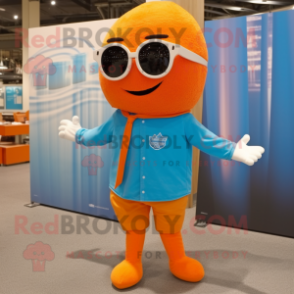 Sky Blue Orange mascot costume character dressed with a Henley Shirt and Sunglasses