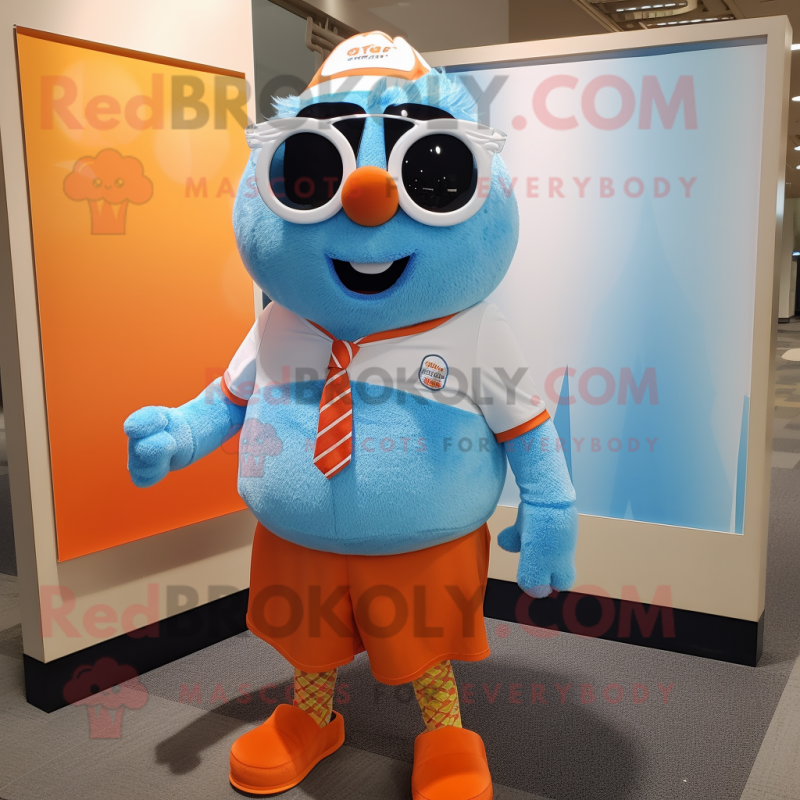Sky Blue Orange mascot costume character dressed with a Henley Shirt and Sunglasses Sky Blue Orange mascot costume character dressed with a Henley Shirt and Sunglasses