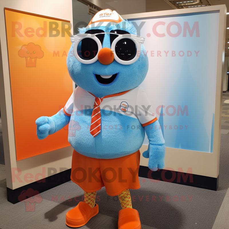 Sky Blue Orange mascot costume character dressed with a Henley Shirt and Sunglasses