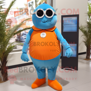 Sky Blue Orange mascot costume character dressed with a Henley Shirt and Sunglasses