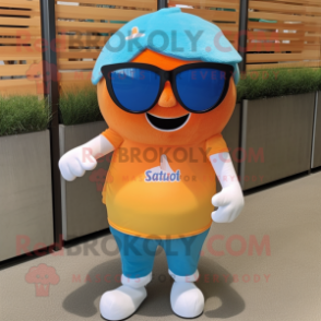 Sky Blue Orange mascot costume character dressed with a Henley Shirt and Sunglasses