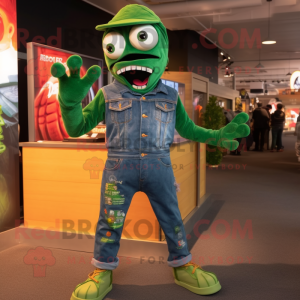 Forest Green Undead mascot costume character dressed with a Flare Jeans and Mittens