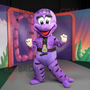 Purple Snake mascot costume character dressed with a Playsuit and Bracelets