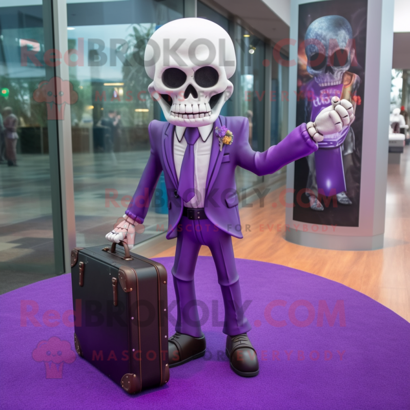 Purple Skull mascot costume character dressed with a Suit Pants and Briefcases