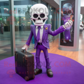 Purple Skull mascot costume character dressed with a Suit Pants and Briefcases