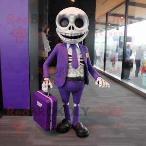 Purple Skull mascot costume character dressed with a Suit Pants and Briefcases