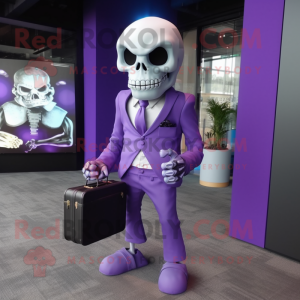 Purple Skull mascot costume character dressed with a Suit Pants and Briefcases