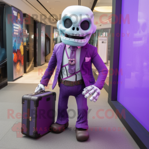 Purple Skull mascot costume character dressed with a Suit Pants and Briefcases