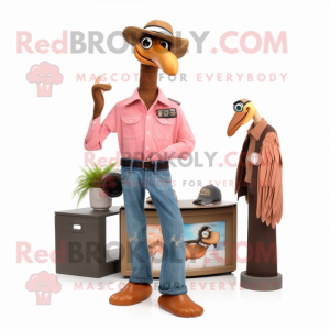 Brown Flamingo mascot costume character dressed with a Jeans and Lapel pins