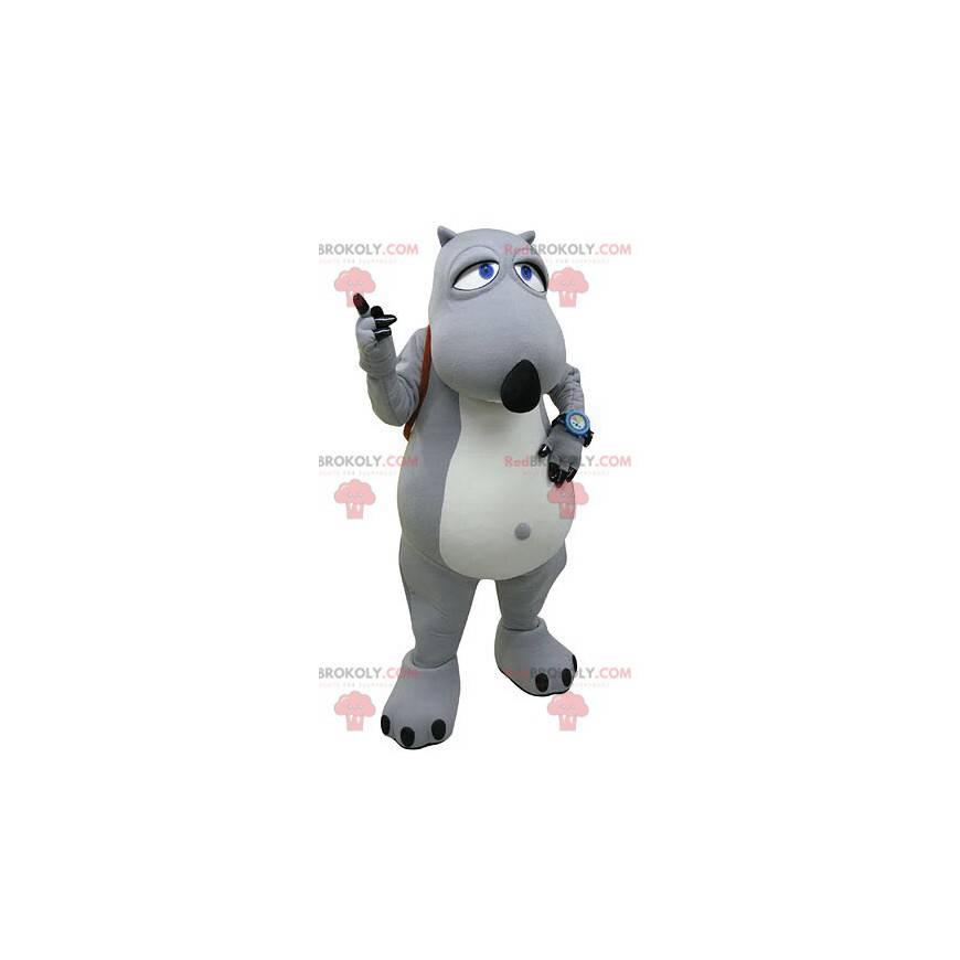 Mascota oso gris y blanco con una mochila. - Redbrokoly.com