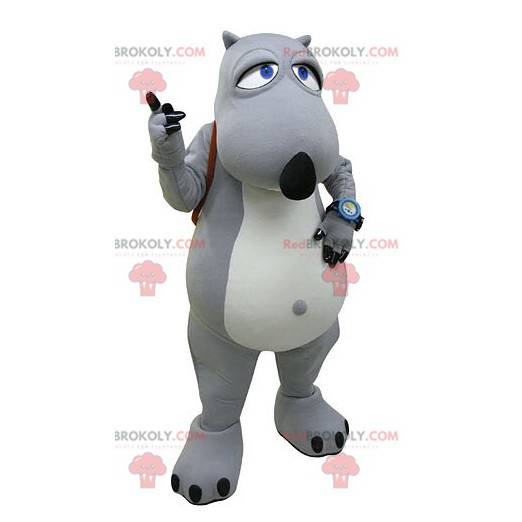 Mascota oso gris y blanco con una mochila. - Redbrokoly.com