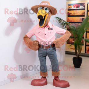 Brown Flamingo mascot costume character dressed with a Jeans and Lapel pins