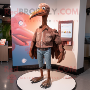 Brown Flamingo mascot costume character dressed with a Jeans and Lapel pins