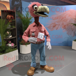 Brown Flamingo mascot costume character dressed with a Jeans and Lapel pins