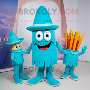 Turquoise French Fries mascot costume character dressed with a Culottes and Hats