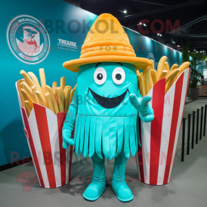 Turquoise French Fries mascot costume character dressed with a Culottes and Hats