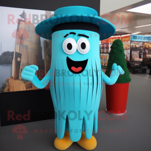Turquoise French Fries mascot costume character dressed with a Culottes and Hats
