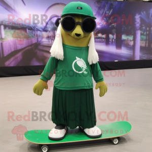 Forest Green Skateboard mascot costume character dressed with a Maxi Skirt and Sunglasses