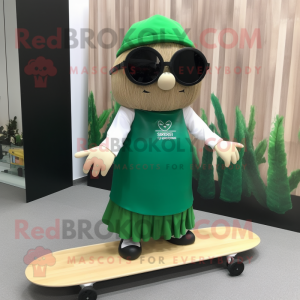 Forest Green Skateboard mascot costume character dressed with a Maxi Skirt and Sunglasses