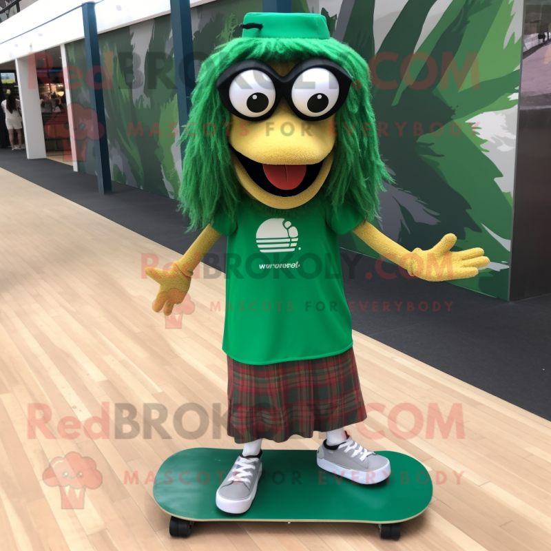 Forest Green Skateboard mascot costume character dressed with a Maxi Skirt and Sunglasses