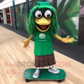 Forest Green Skateboard mascot costume character dressed with a Maxi Skirt and Sunglasses